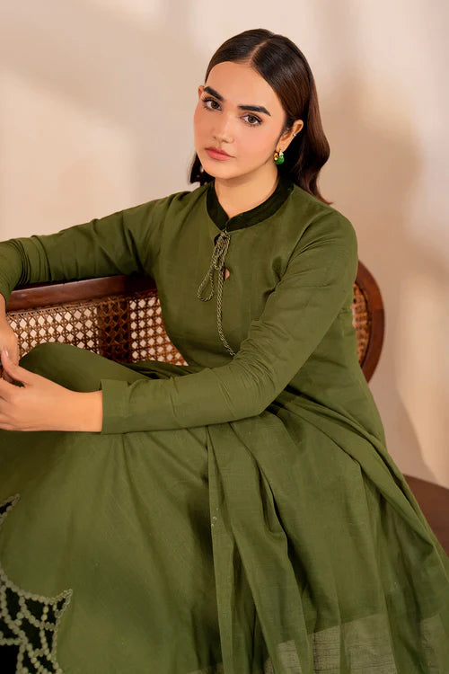 Olive Aura Solid Kurta Set with Scallop Hem & Tassel Detailing