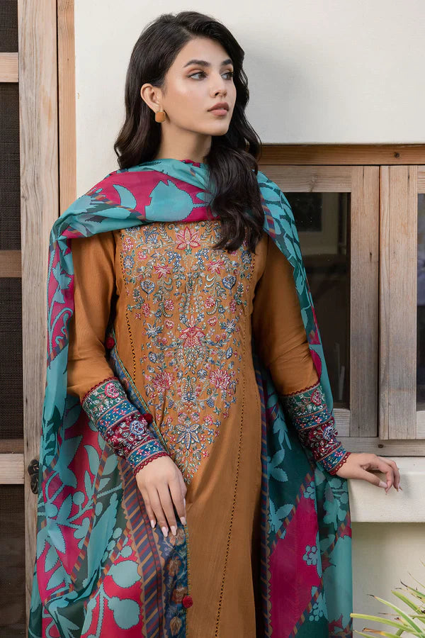 Amber Enchant Hand-Embroidered Kurta Set with Printed Shawl