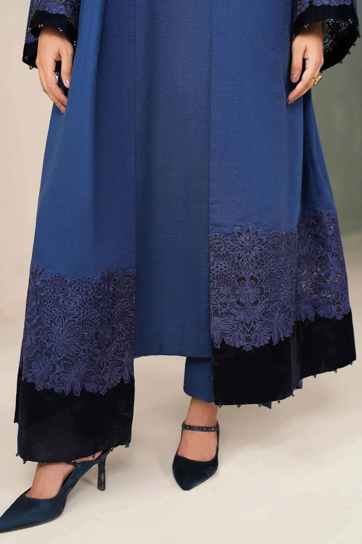 Midnight Aura Embroidered Suit Set with Shawl