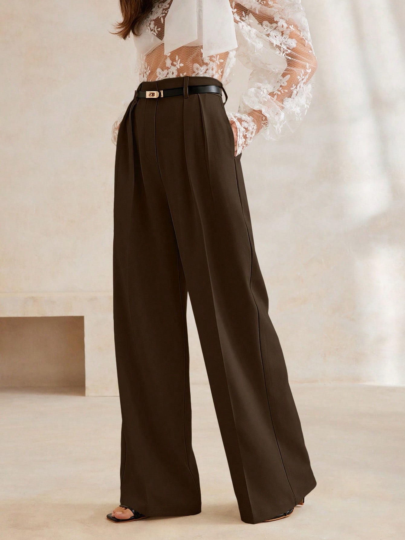 High-Waist Chocolate Brown Wide-Leg Trousers with Statement Belt