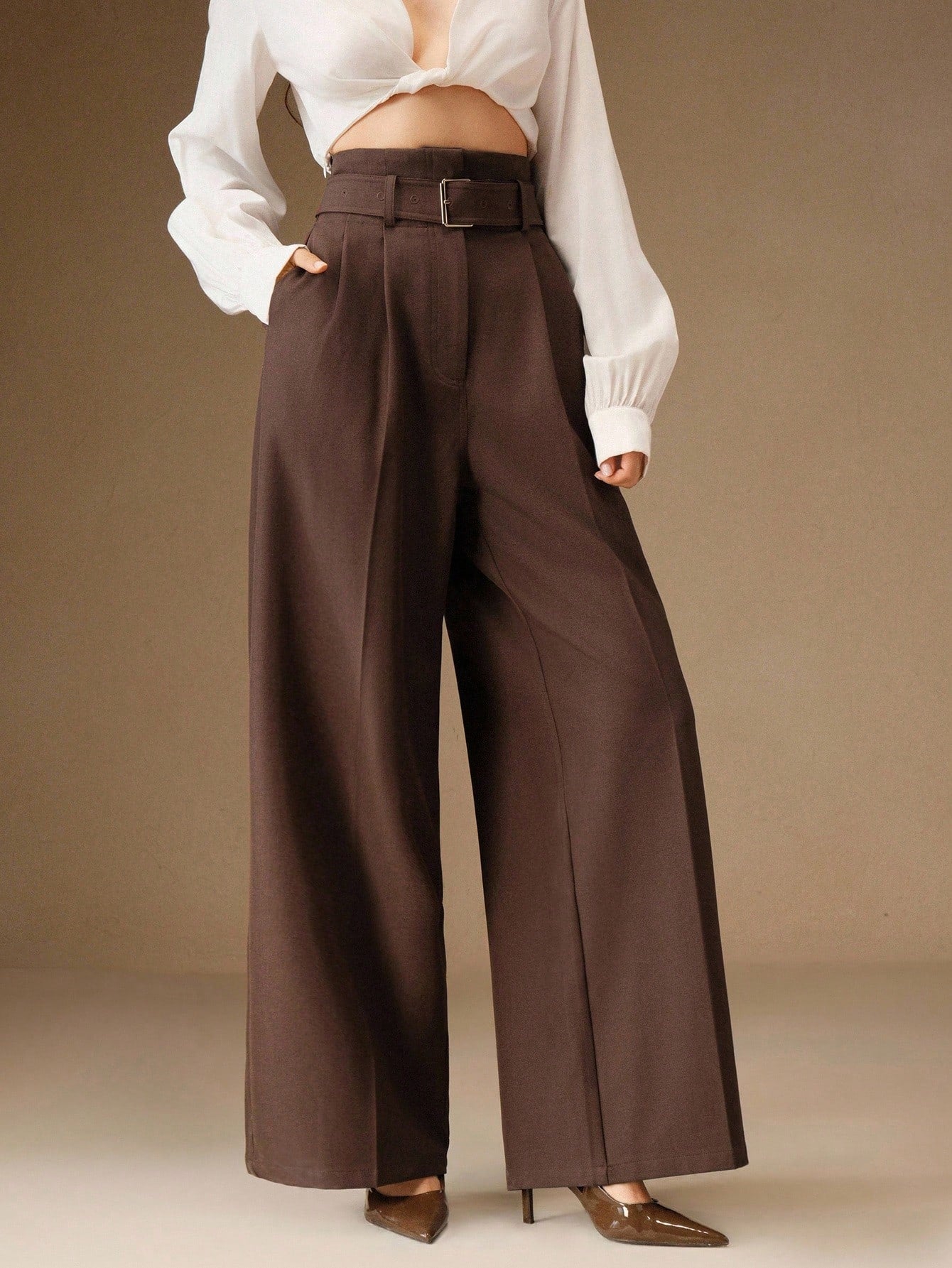 High-Waist Chocolate Brown Wide-Leg Trousers with Belt