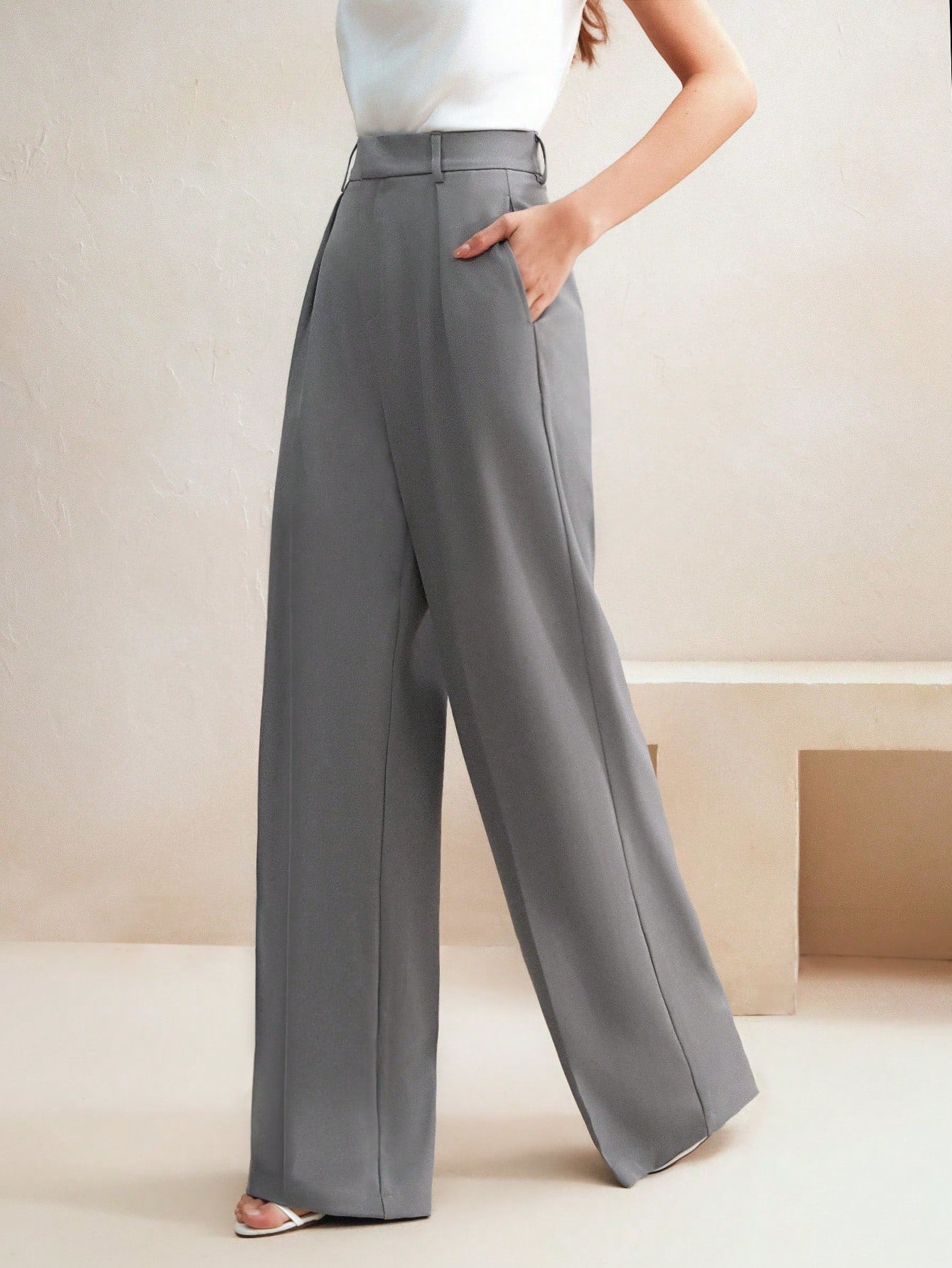 High-Waist Grey Tailored Wide-Leg Trousers