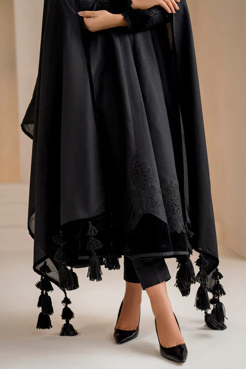 Midnight Muse Anarkali Kurta Set with Velvet Accents & Tassel Shawl