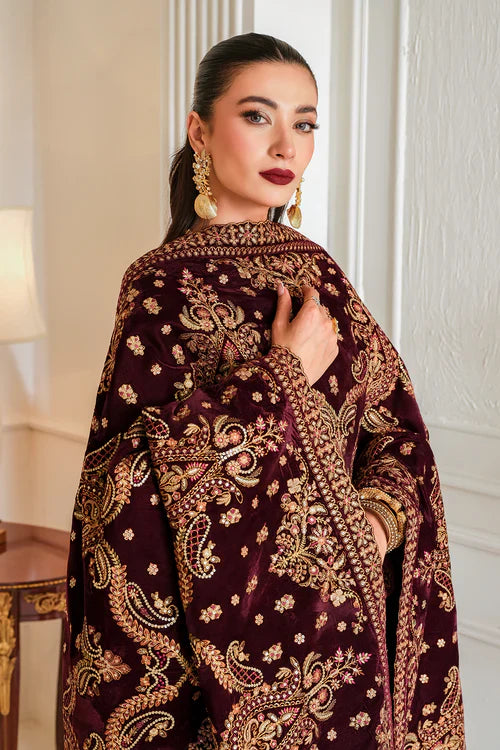 Velvet Majesty Maroon Embroidered Kurta Set with Heavy Shawl