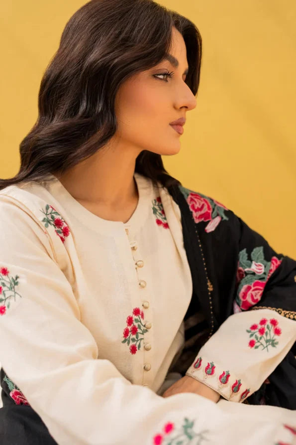 Ivory Bloom Hand-Embroidered Cotton Suit Set with Contrast Dupatta