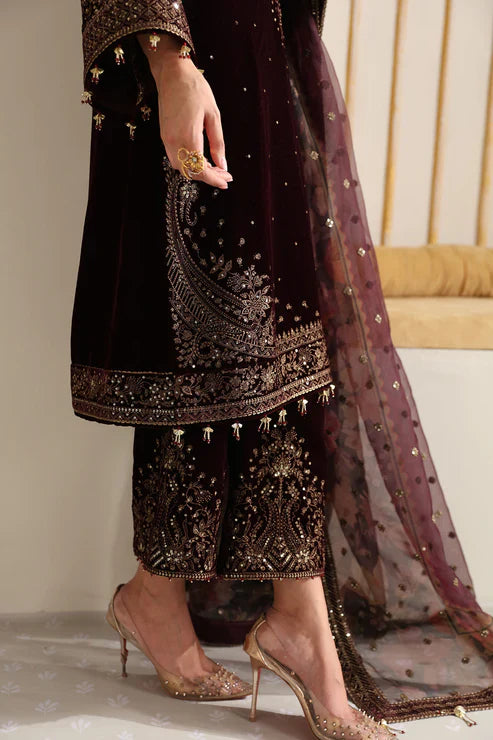 Royal Plum Hand-Embroidered Velvet Suit Set with Net Dupatta
