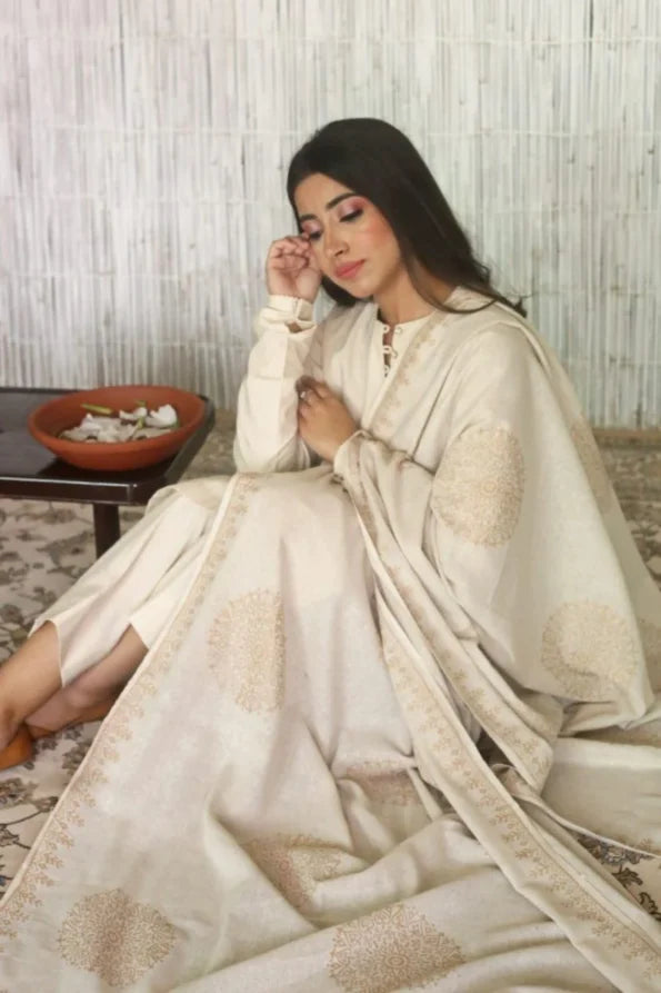 Milano Ivory Hand-Embroidered Winter Kurta Set with Shawl