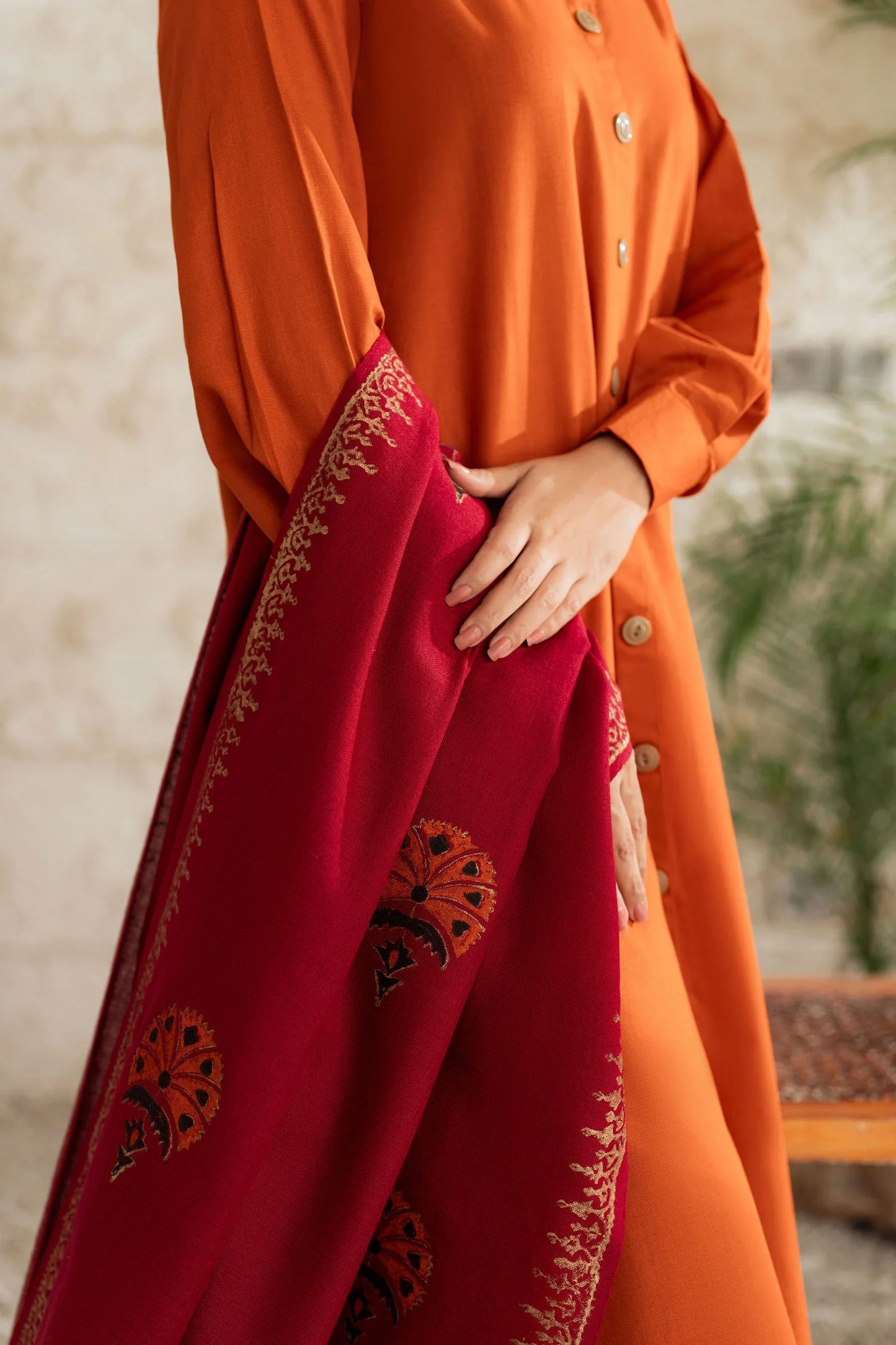 Amber Rust Button-Down Kurta Set with Maroon Embroidered Shawl