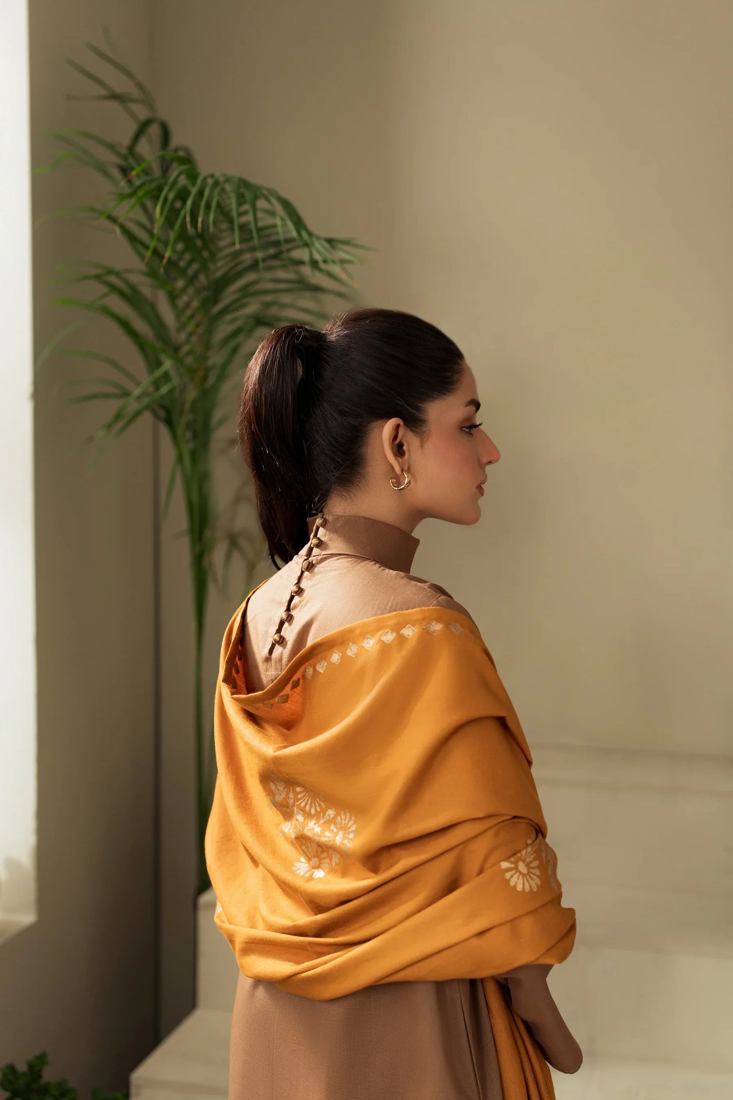 Mocha Glow Winter Kurta Set with Mustard Embroidered Shawl