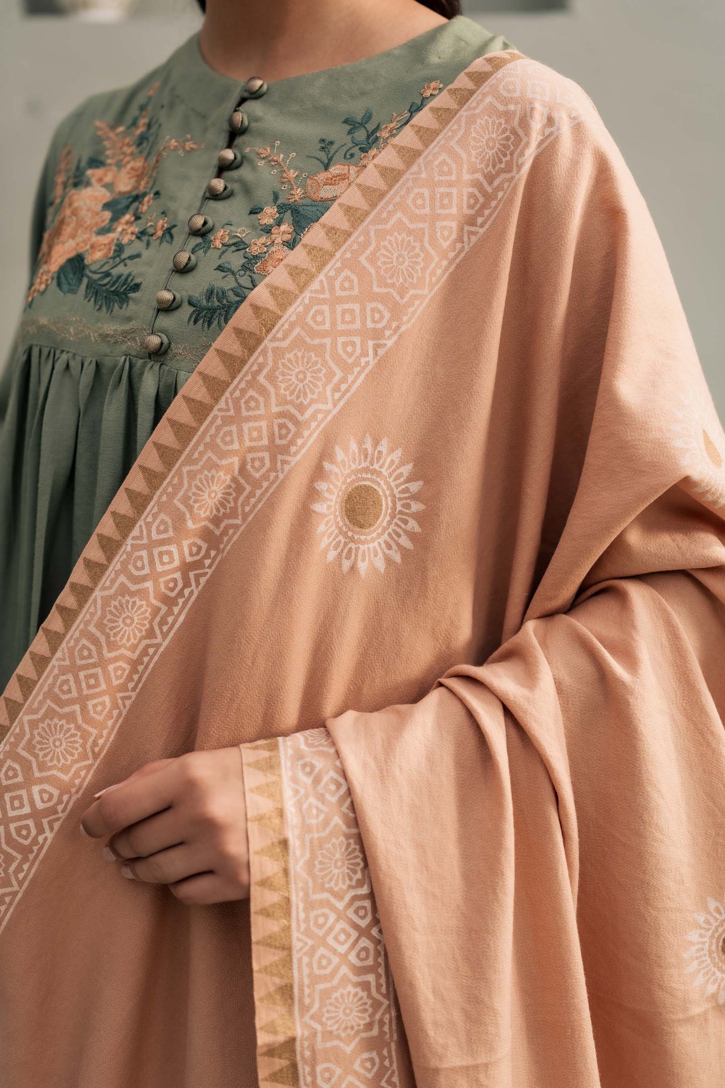 Sage Peach Embroidered A-Line Kurta Set with Shawl