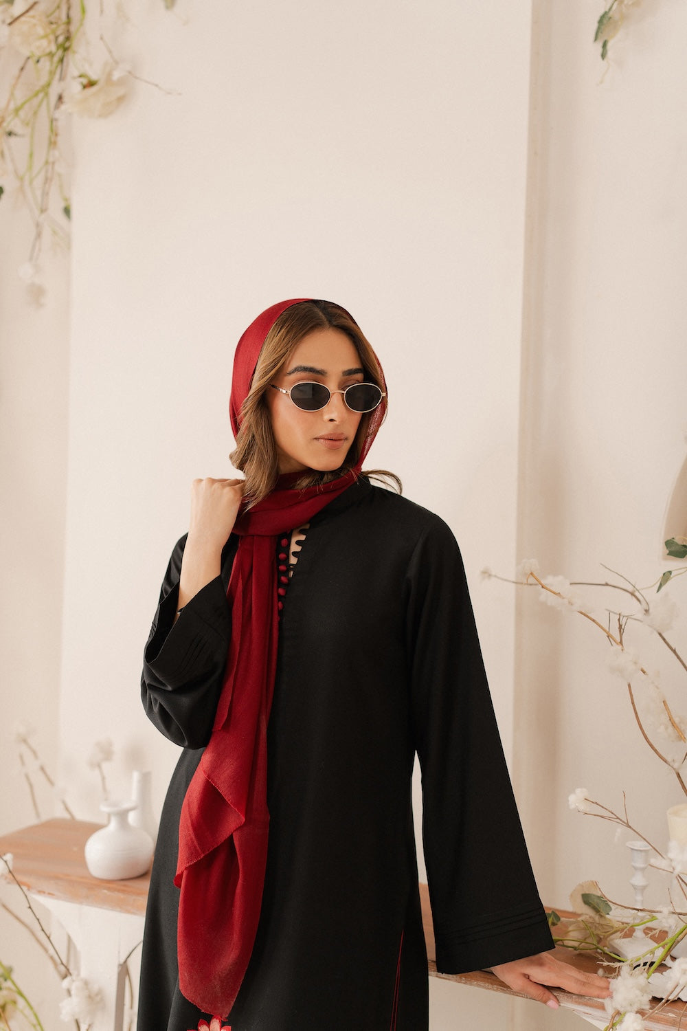 Noir Blossom Embroidered Suit Set with Crimson Shawl