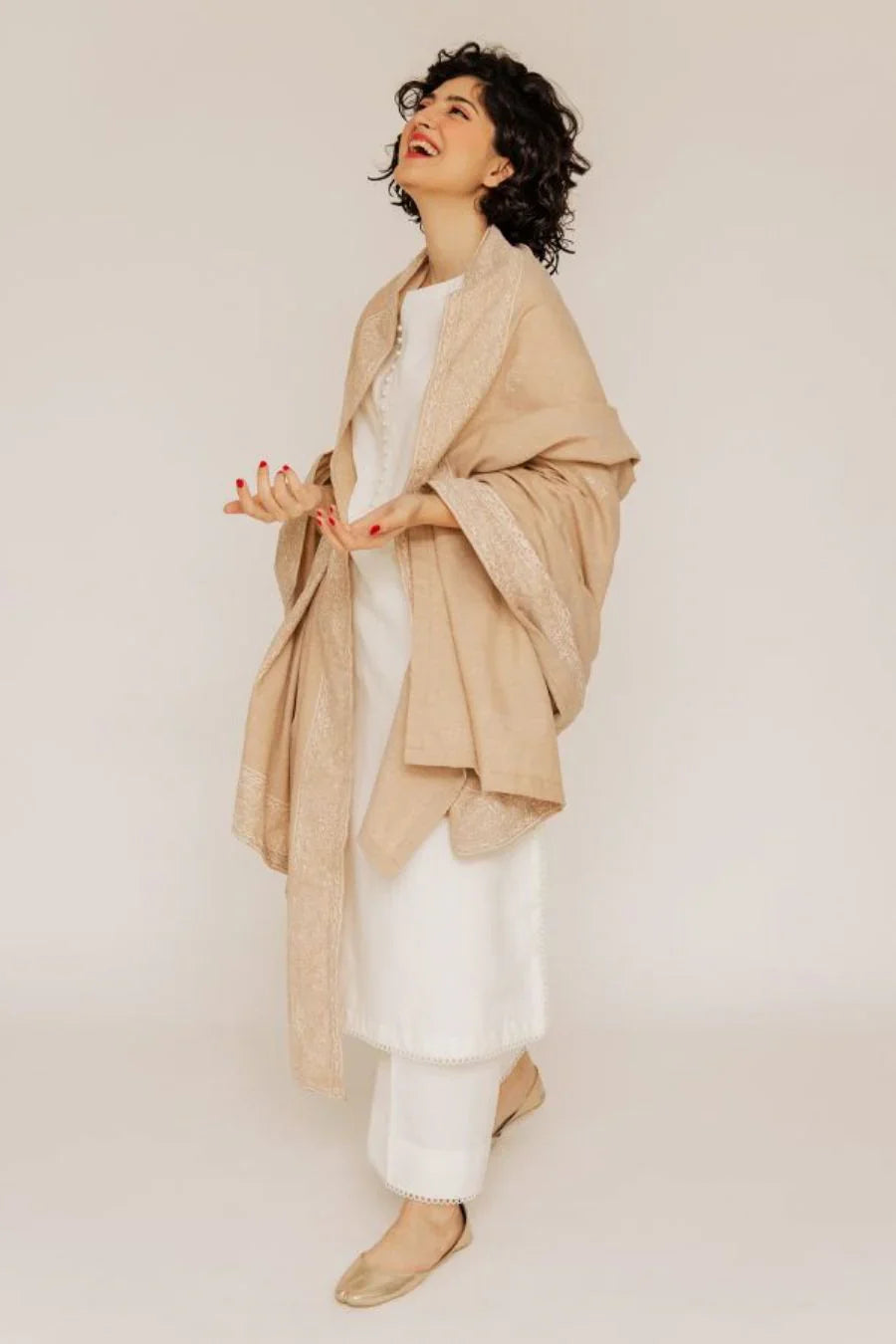 Ivory Essence Handcrafted Kurta Set with Beige Shawl