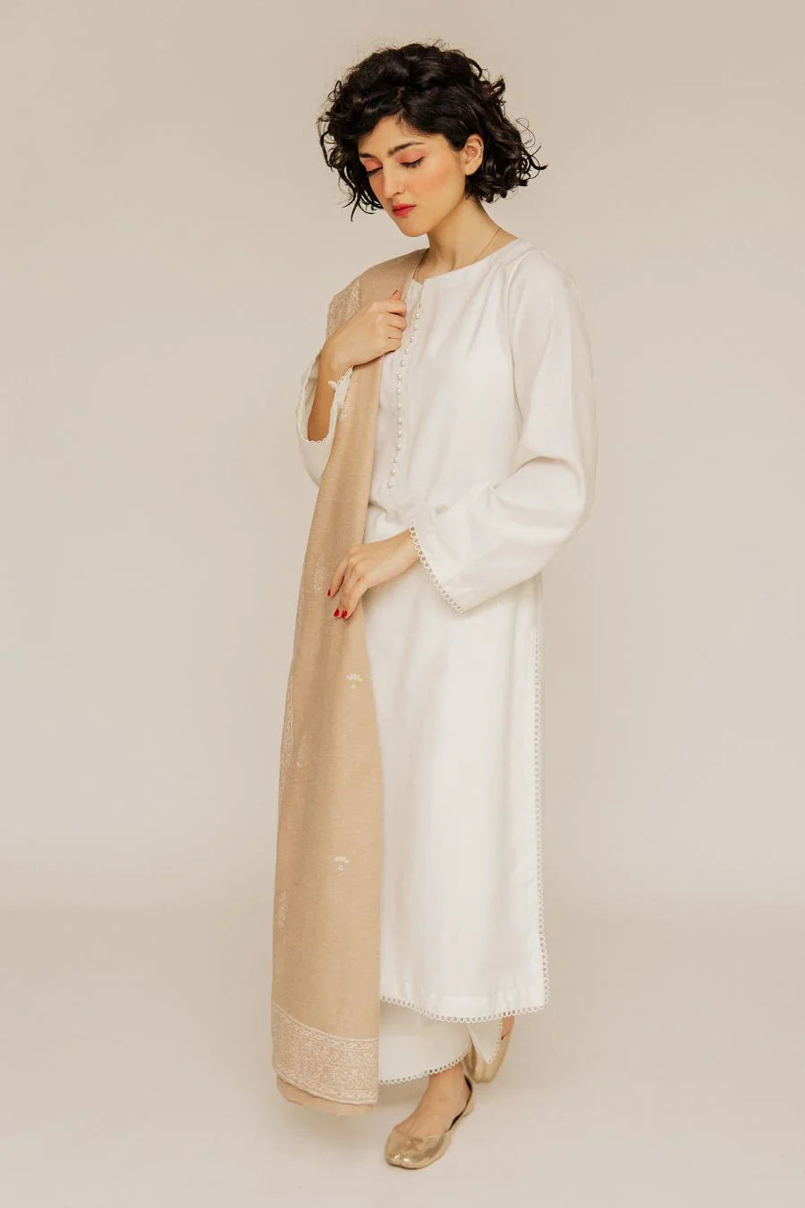 Ivory Essence Handcrafted Kurta Set with Beige Shawl