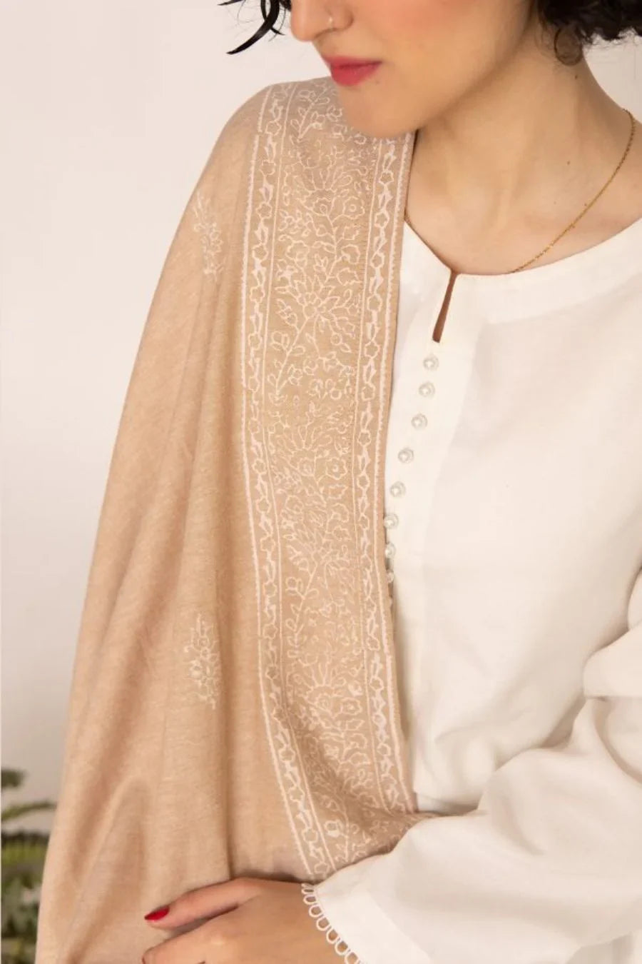 Ivory Essence Handcrafted Kurta Set with Beige Shawl