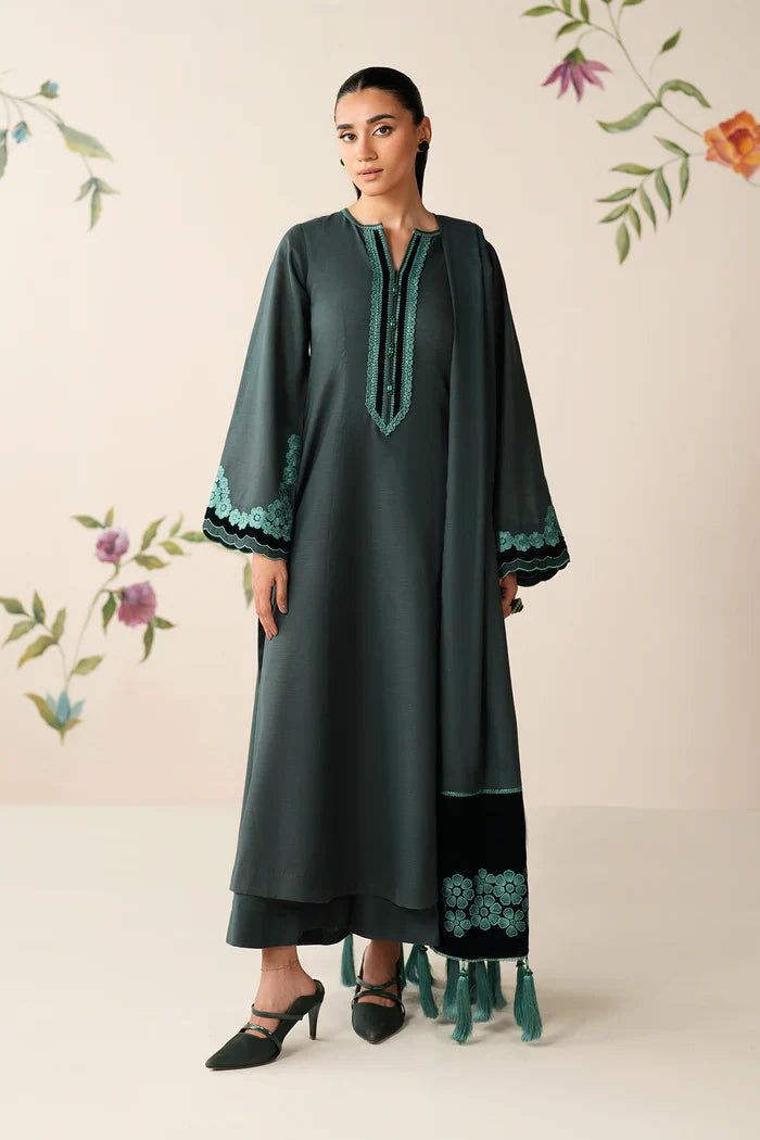 Teal Serenity Embroidered Kurta Set with Shawl