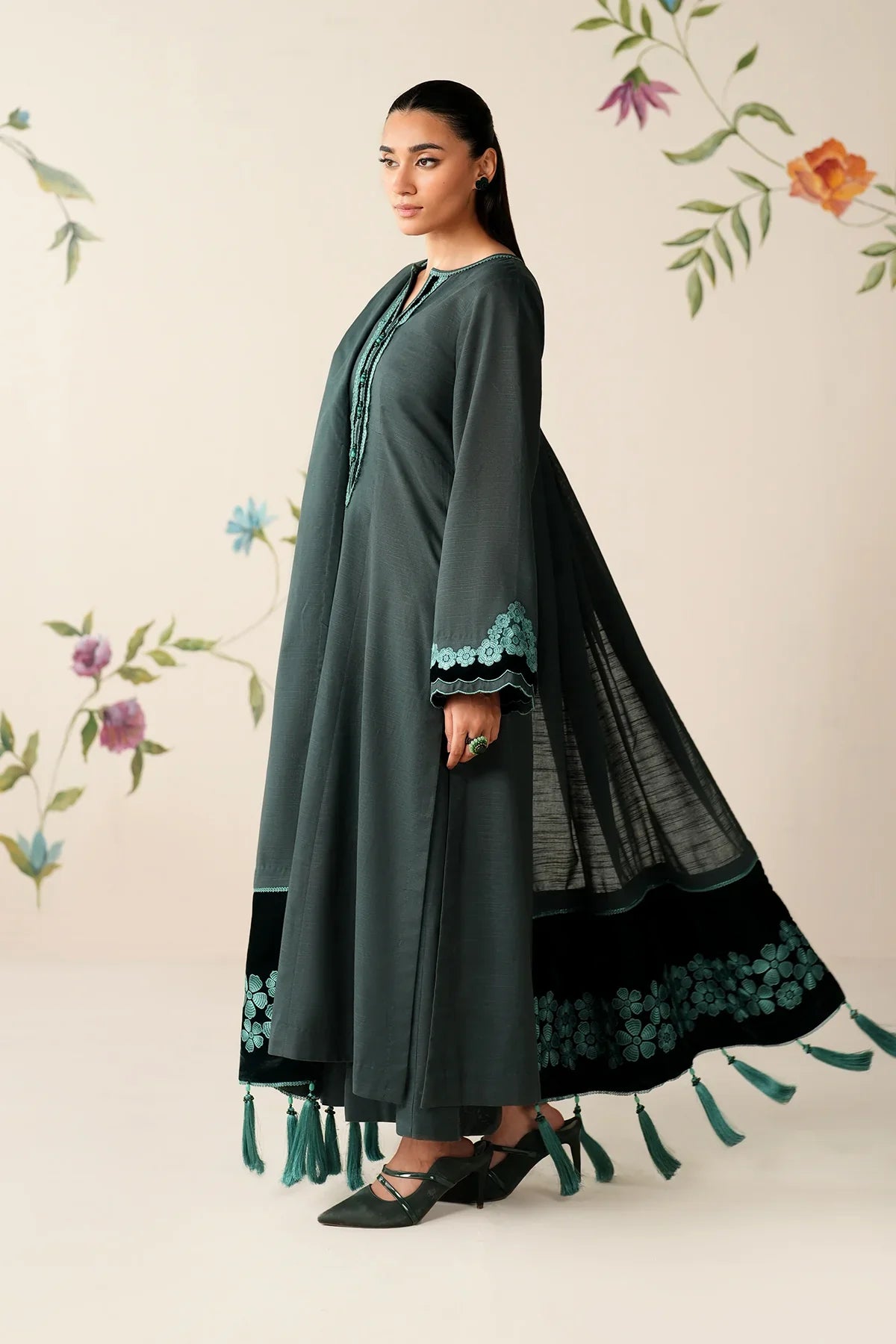 Teal Serenity Embroidered Kurta Set with Shawl