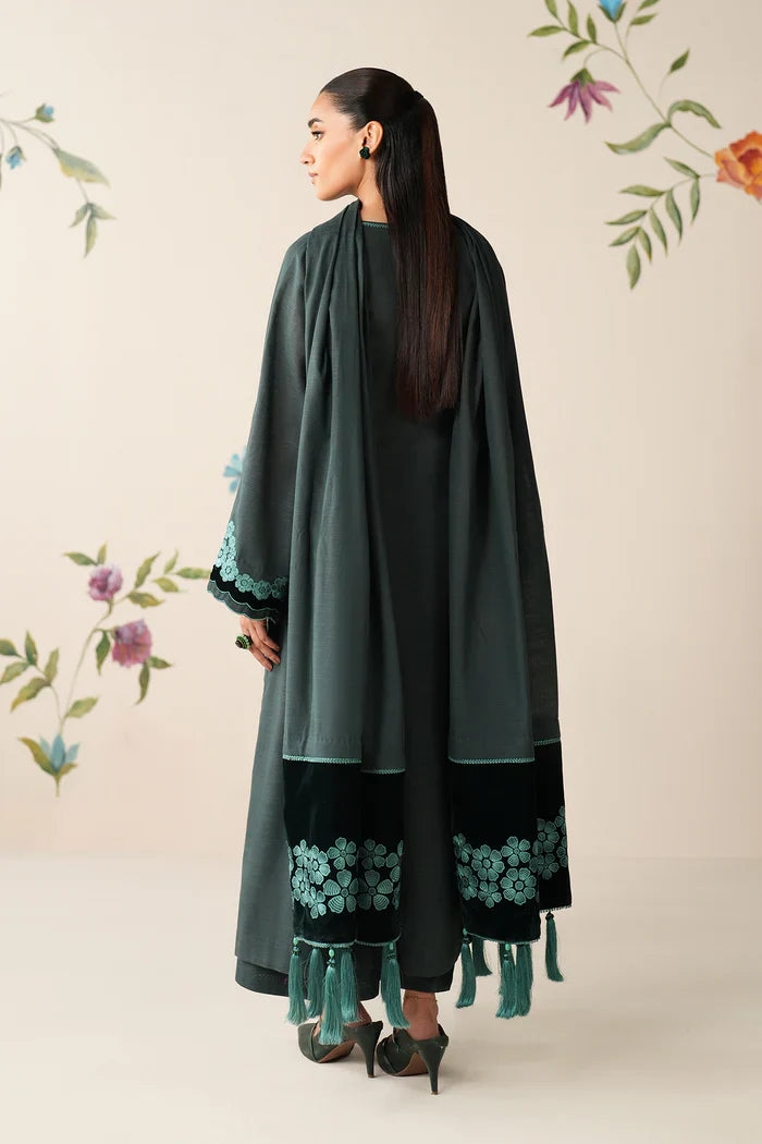 Teal Serenity Embroidered Kurta Set with Shawl