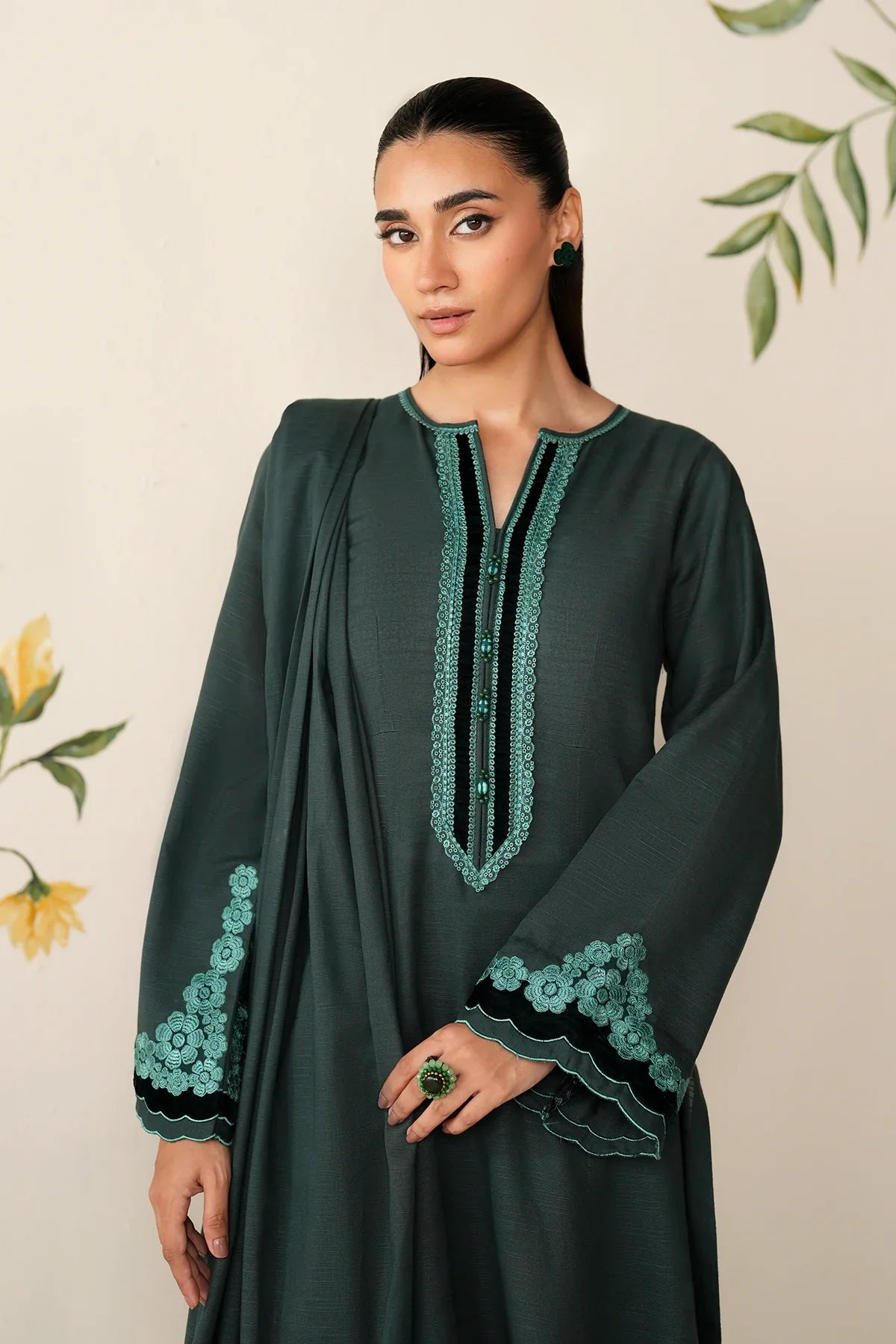 Teal Serenity Embroidered Kurta Set with Shawl