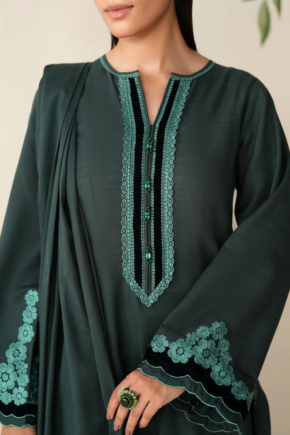 Teal Serenity Embroidered Kurta Set with Shawl