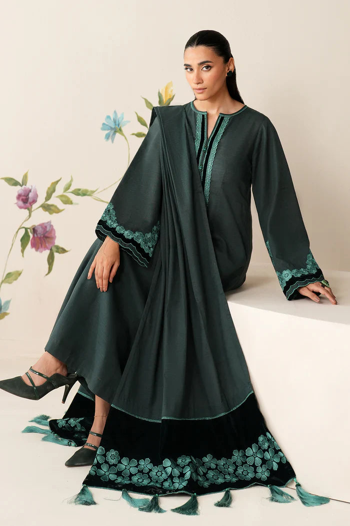Teal Serenity Embroidered Kurta Set with Shawl