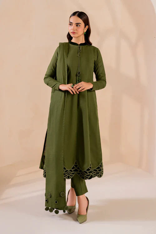 Olive Aura Solid Kurta Set with Scallop Hem & Tassel Detailing