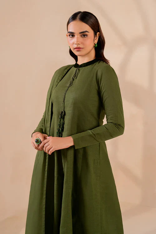 Olive Aura Solid Kurta Set with Scallop Hem & Tassel Detailing