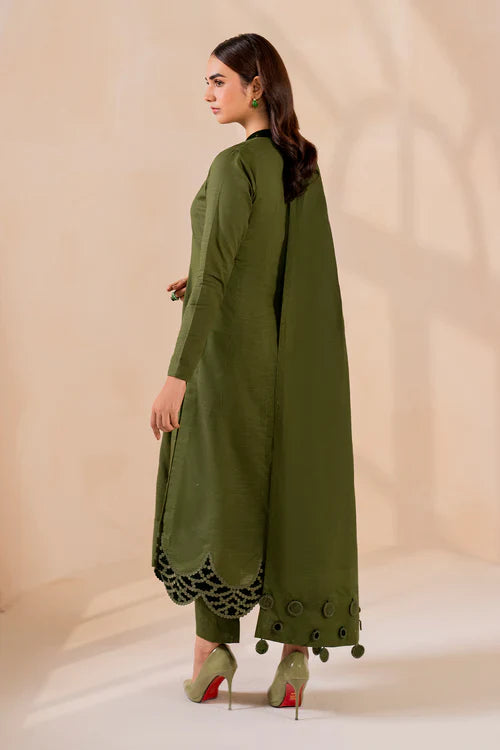 Olive Aura Solid Kurta Set with Scallop Hem & Tassel Detailing