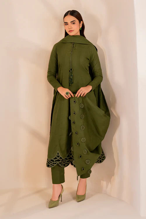 Olive Aura Solid Kurta Set with Scallop Hem & Tassel Detailing