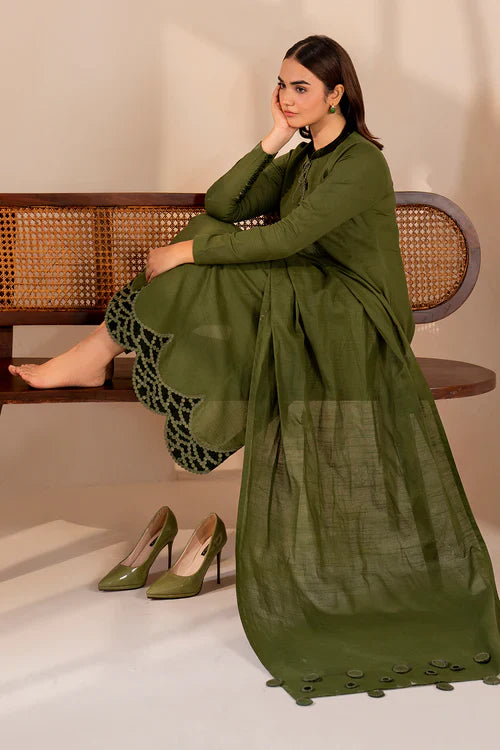 Olive Aura Solid Kurta Set with Scallop Hem & Tassel Detailing