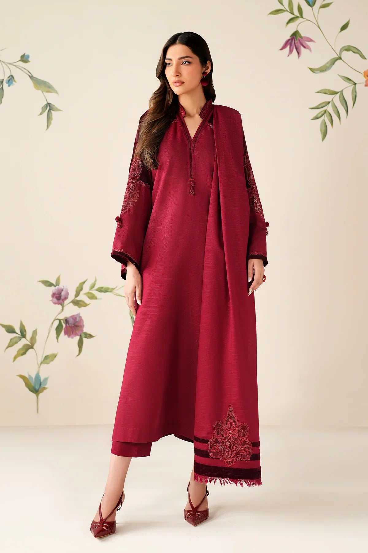 Crimson Grace Embroidered Suit Set with Shawl