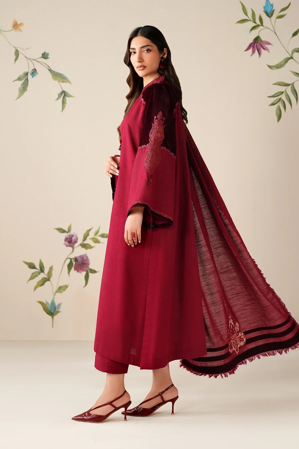Crimson Grace Embroidered Suit Set with Shawl