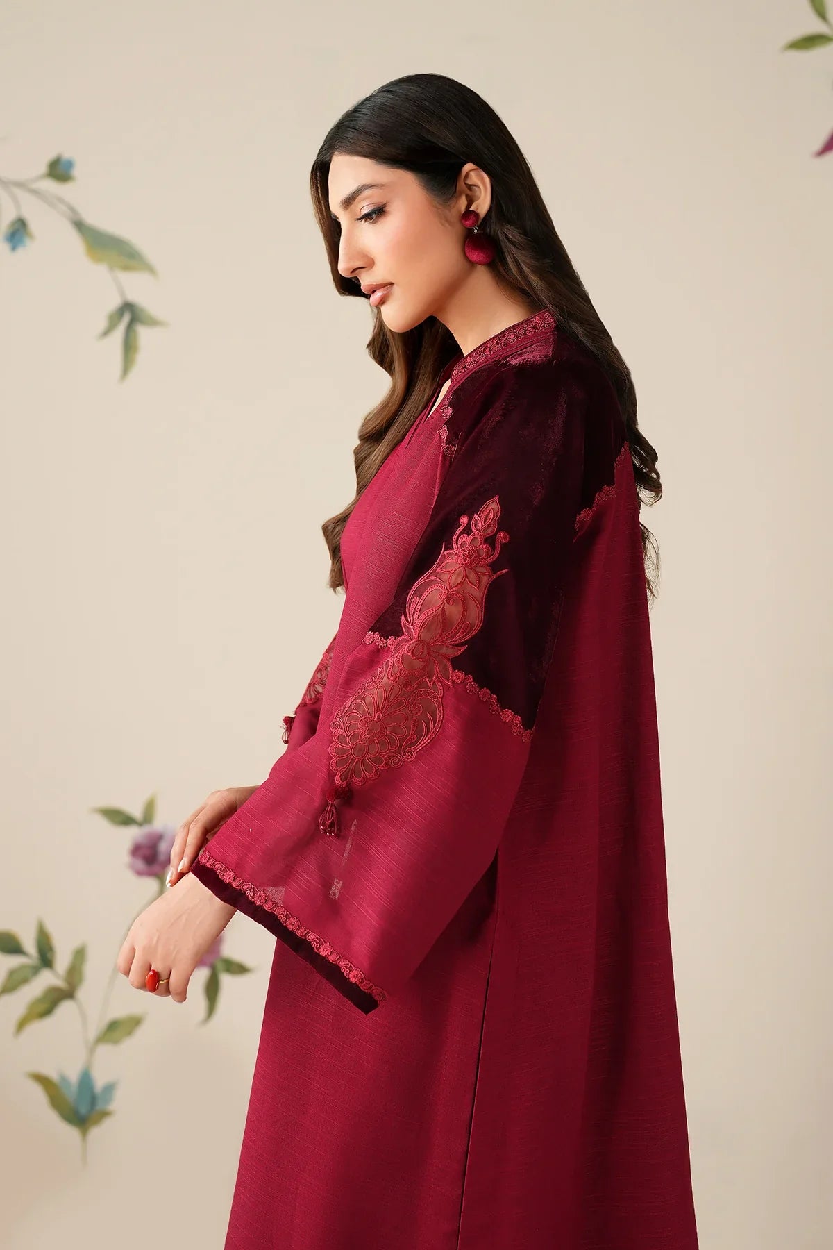 Crimson Grace Embroidered Suit Set with Shawl