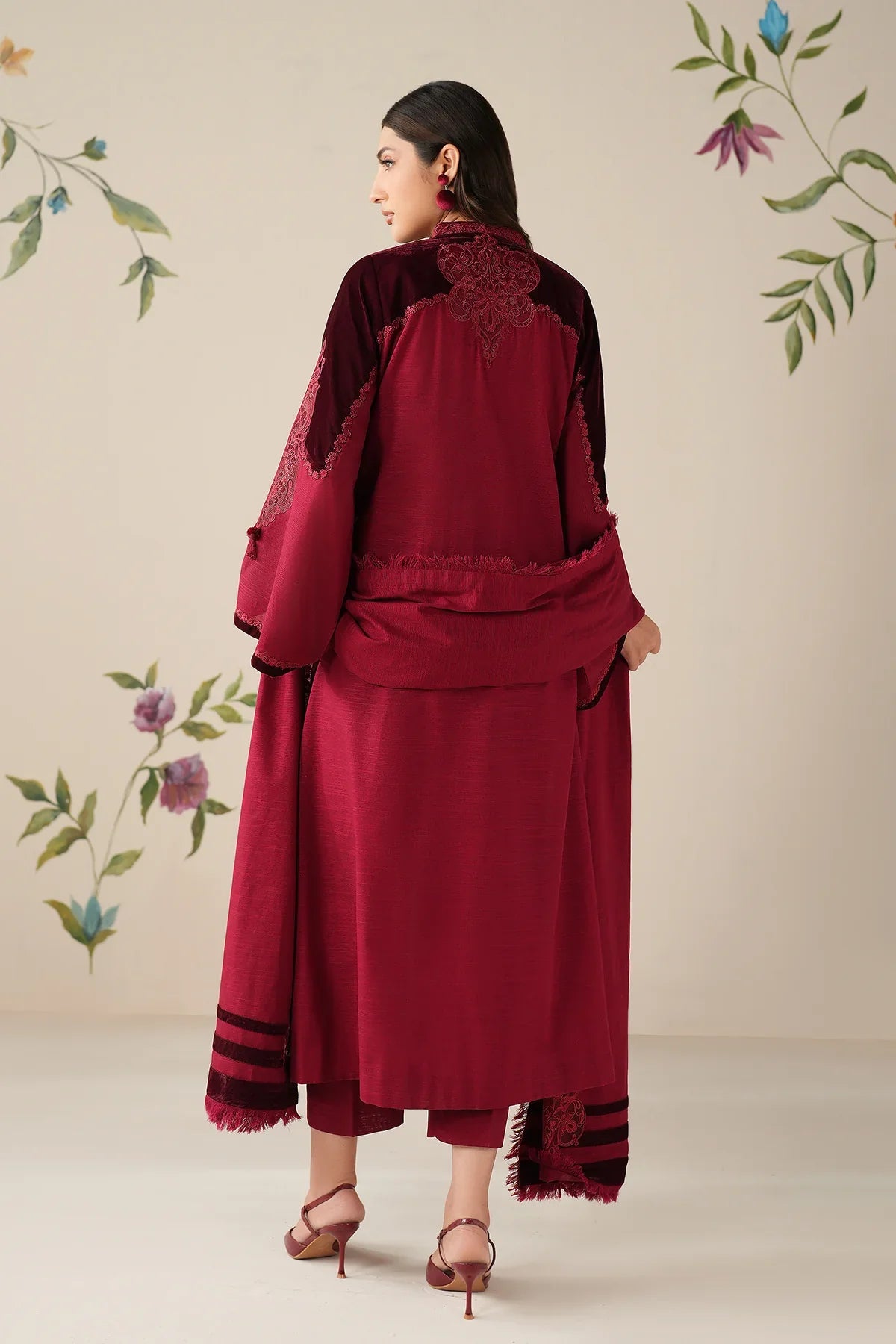 Crimson Grace Embroidered Suit Set with Shawl