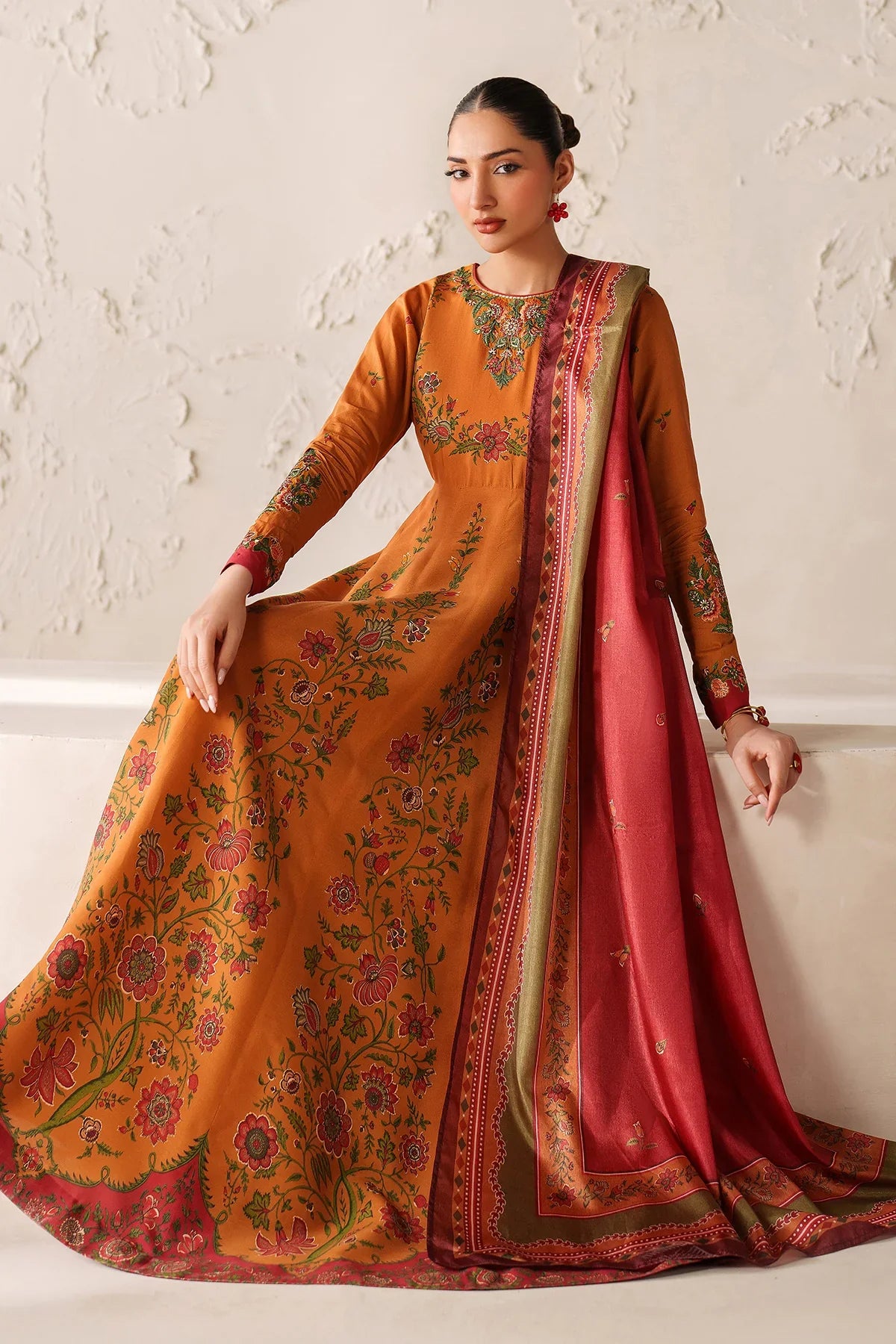 Amber Bloom Anarkali Suit Set with Shawl