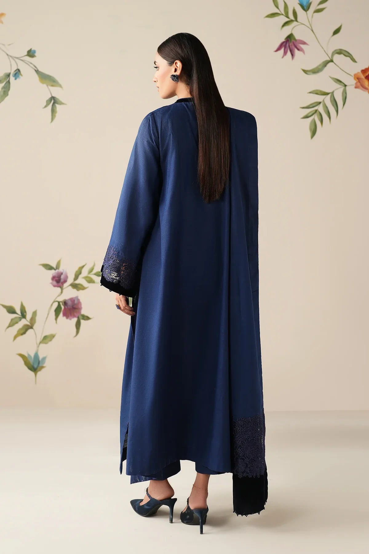 Midnight Aura Embroidered Suit Set with Shawl