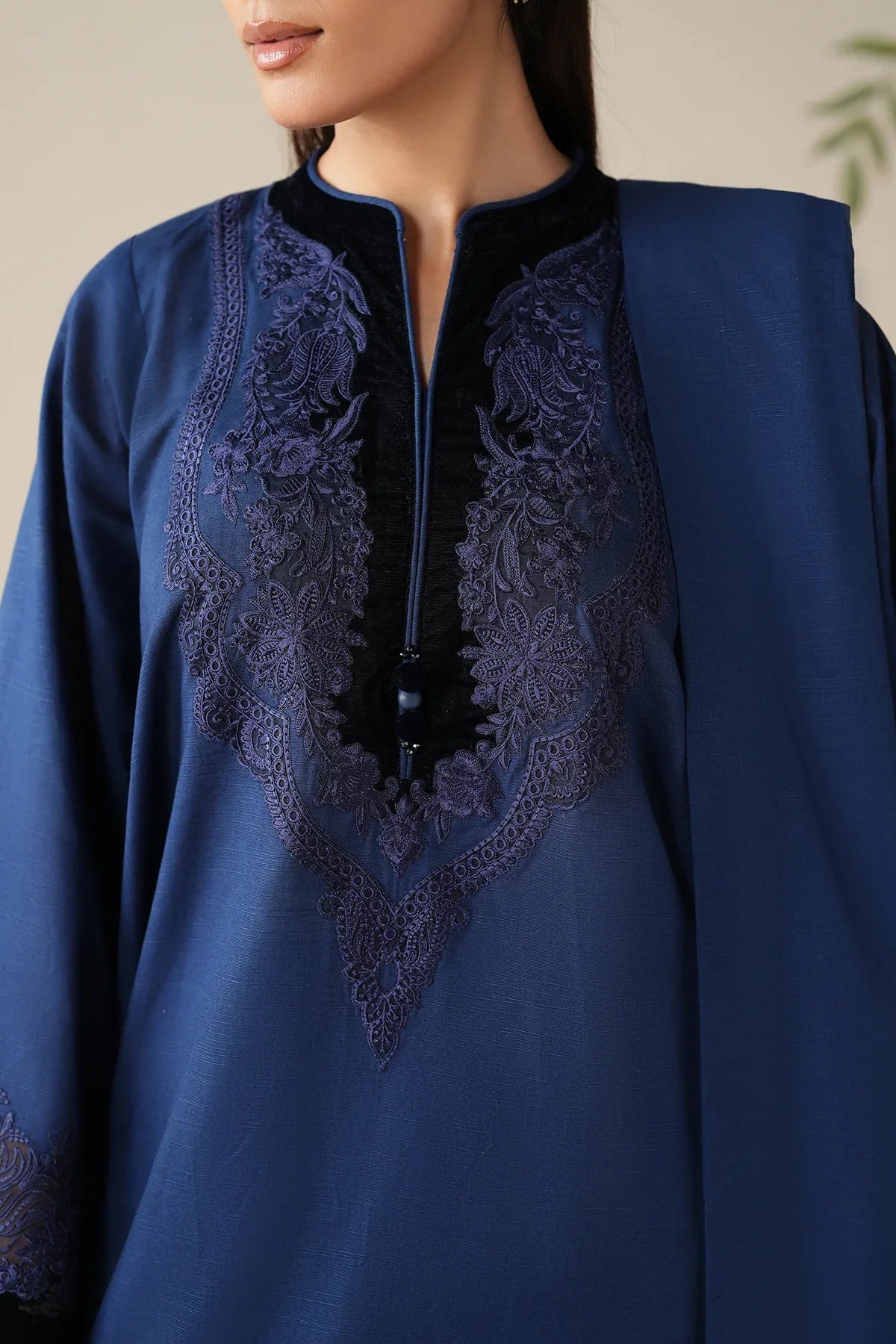 Midnight Aura Embroidered Suit Set with Shawl