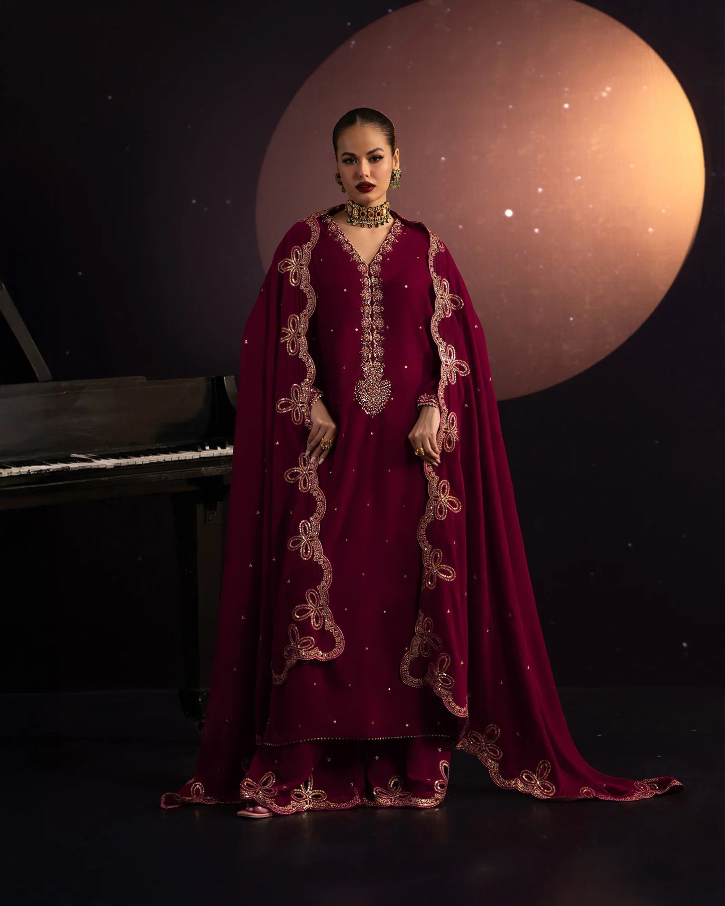 Crimson Moon Velvet Embroidered Suit Set with Shawl