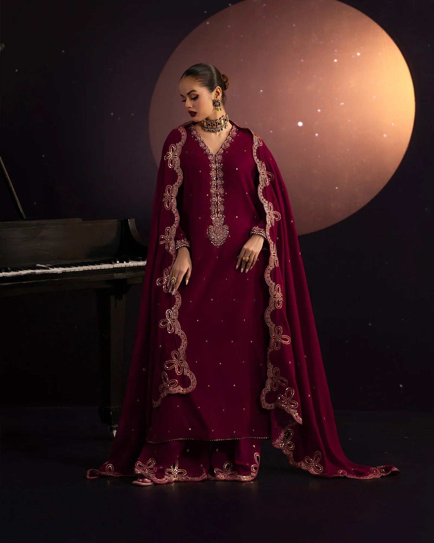 Crimson Moon Velvet Embroidered Suit Set with Shawl