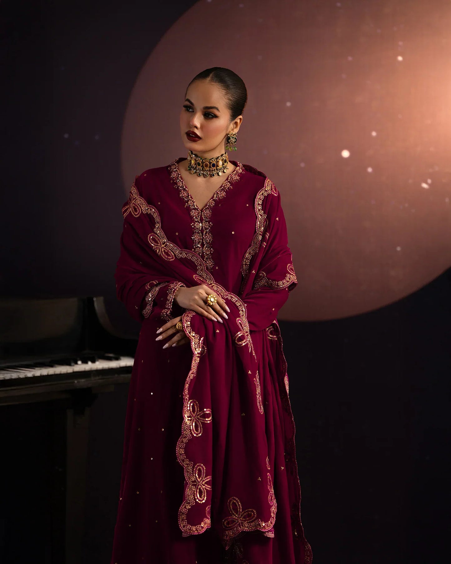 Crimson Moon Velvet Embroidered Suit Set with Shawl