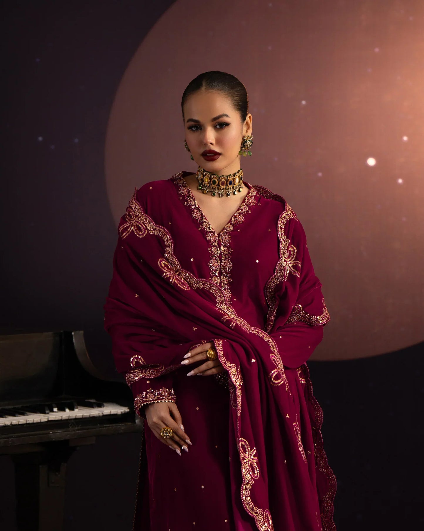 Crimson Moon Velvet Embroidered Suit Set with Shawl