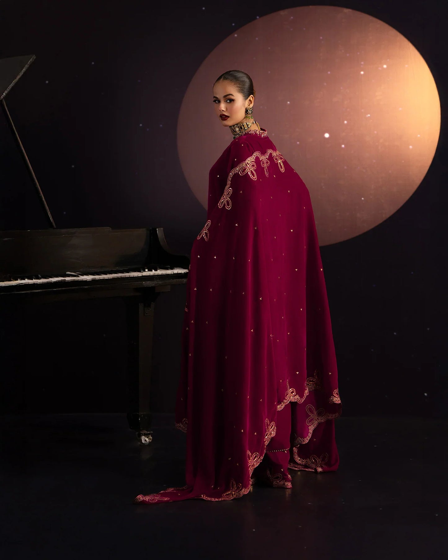 Crimson Moon Velvet Embroidered Suit Set with Shawl