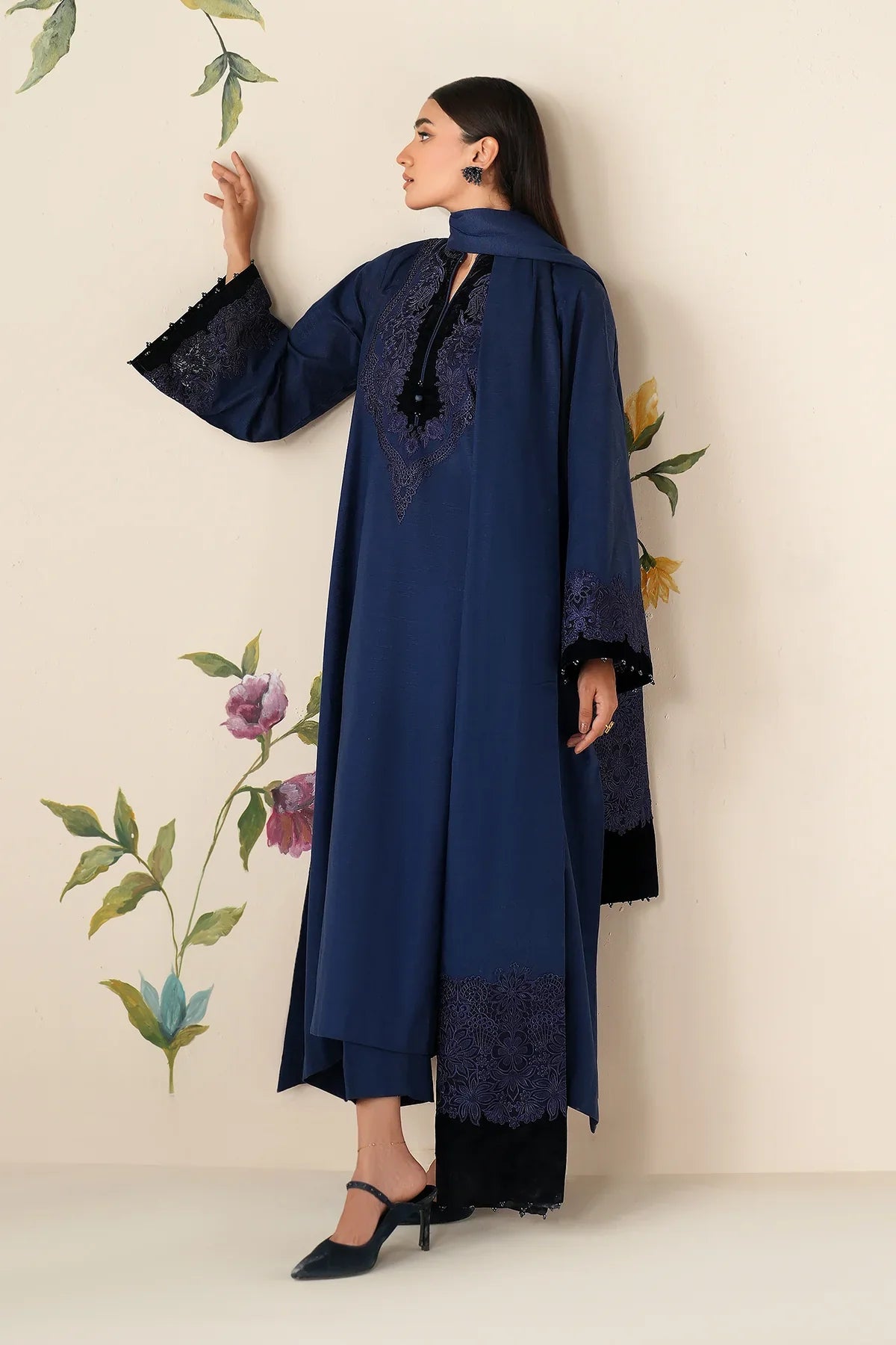 Midnight Aura Embroidered Suit Set with Shawl