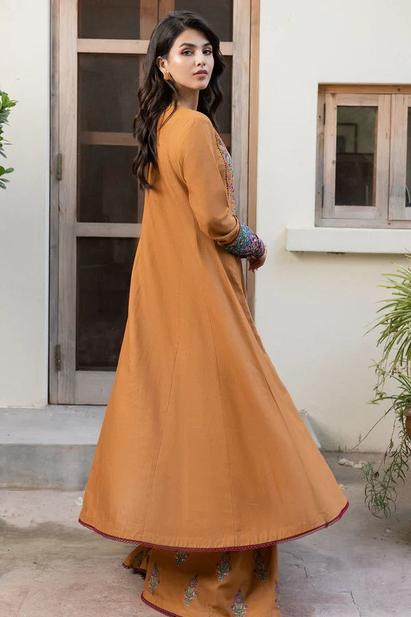 Amber Enchant Hand-Embroidered Kurta Set with Printed Shawl