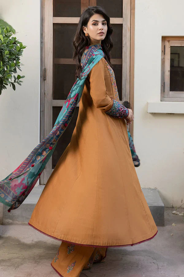Amber Enchant Hand-Embroidered Kurta Set with Printed Shawl