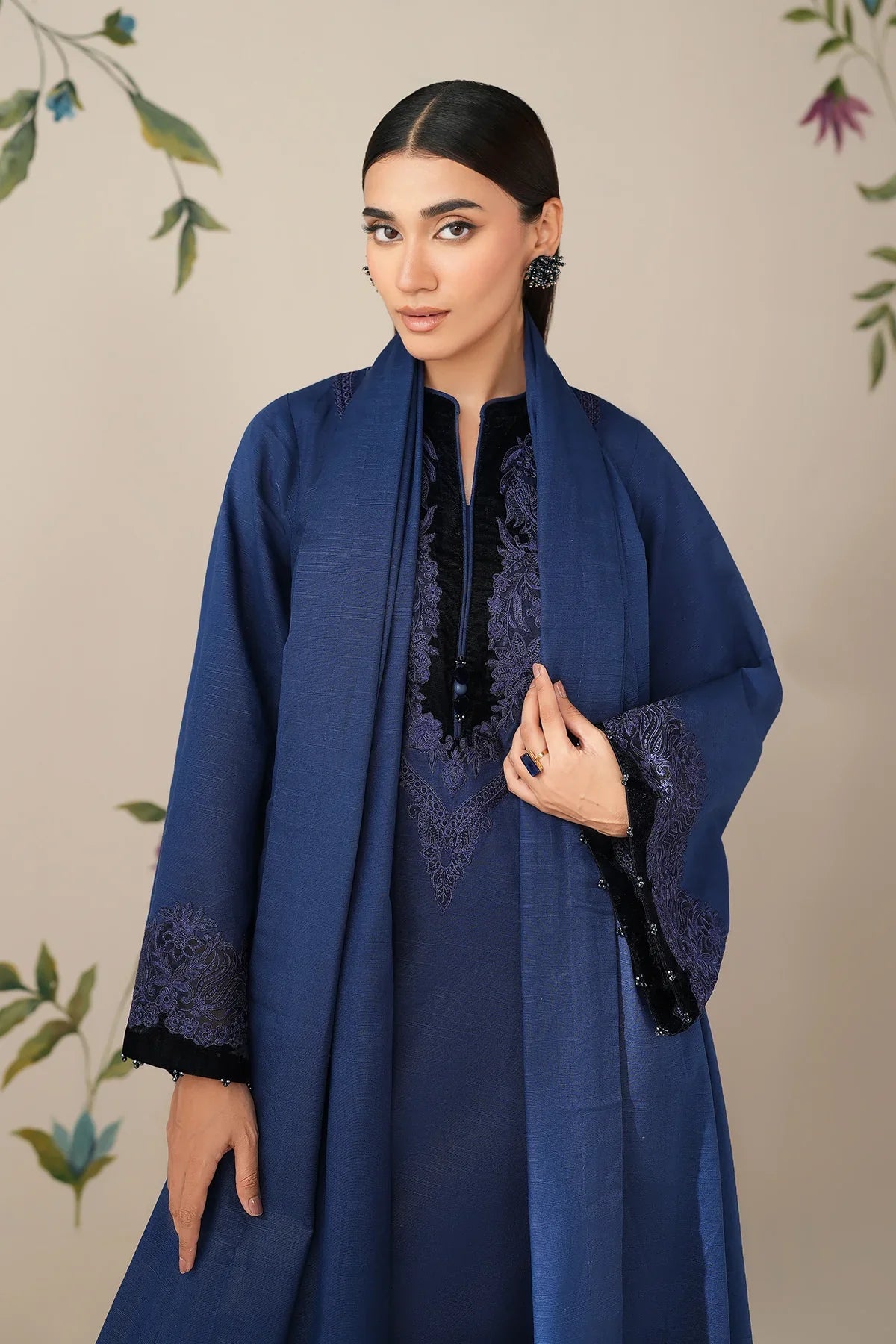 Midnight Aura Embroidered Suit Set with Shawl