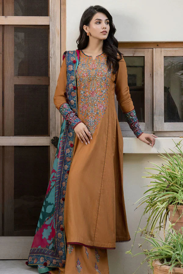 Amber Enchant Hand-Embroidered Kurta Set with Printed Shawl