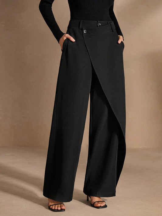 High-Waist Black Wrap-Front Wide-Leg Trousers