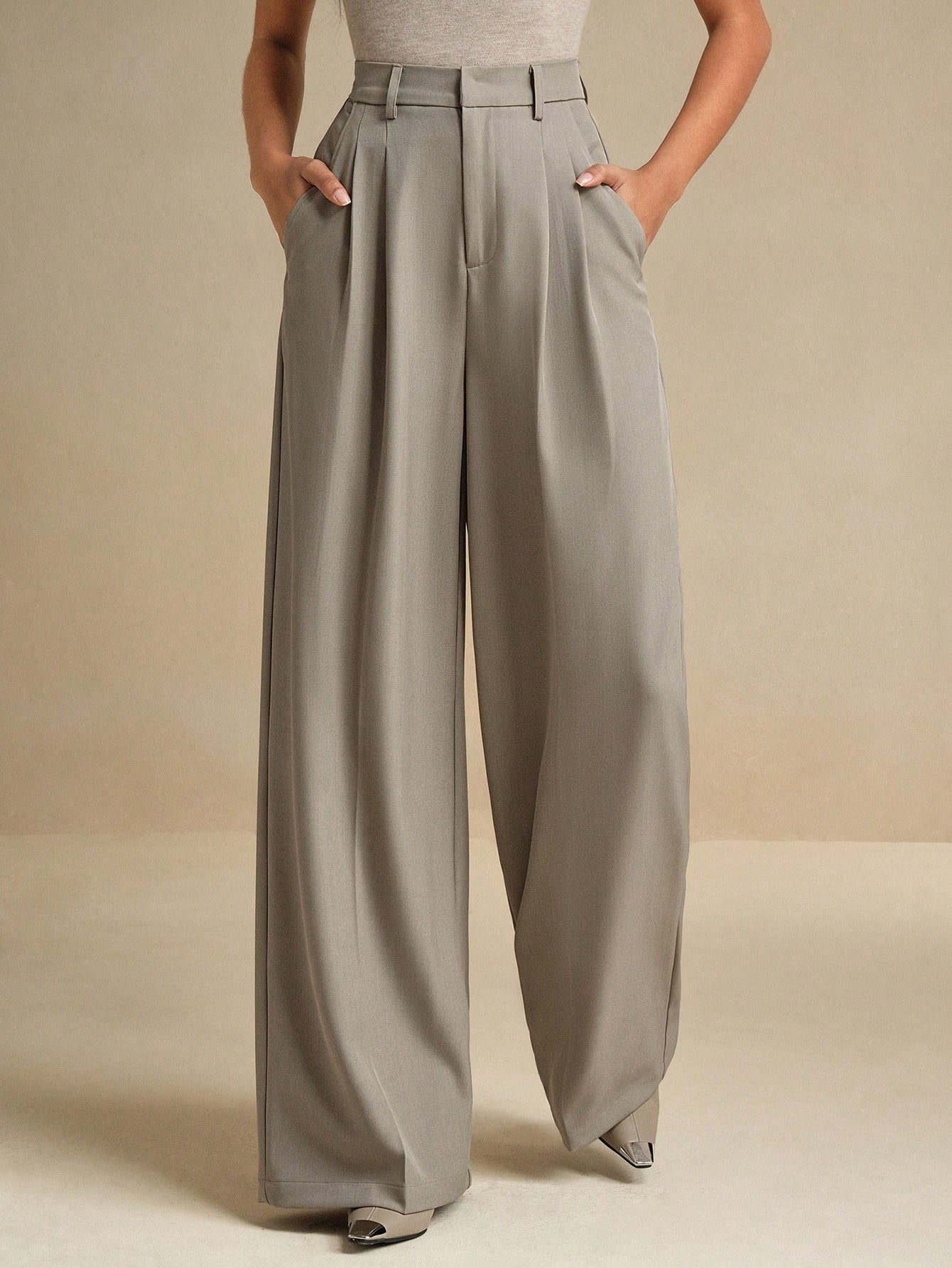 High-Waist Stone Grey Pleated Wide-Leg Trousers