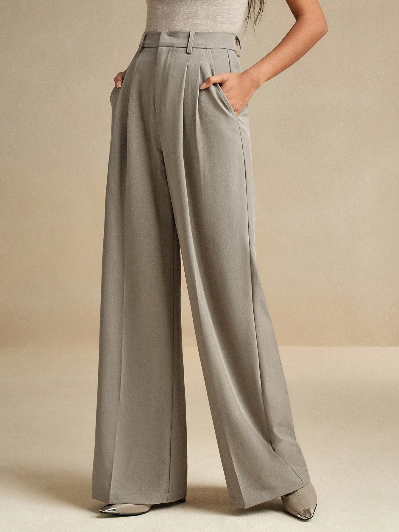 High-Waist Stone Grey Pleated Wide-Leg Trousers