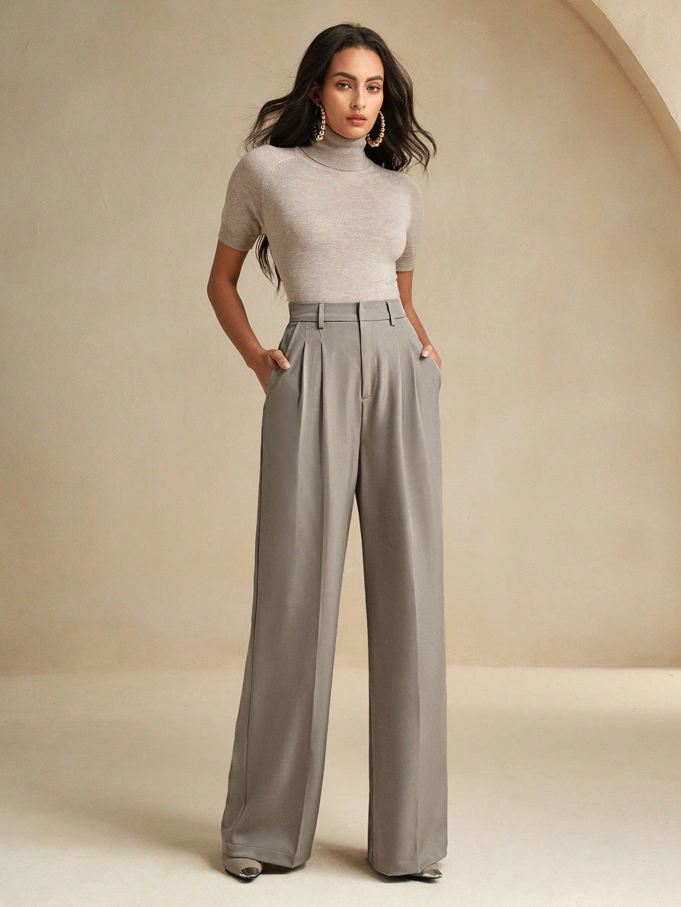High-Waist Stone Grey Pleated Wide-Leg Trousers